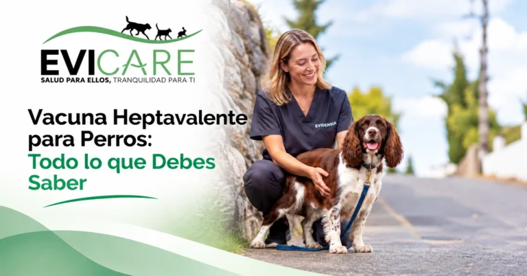 Vacuna heptavalente para perros: imagen de EviCare con una profesional veterinaria acompañando a un perro durante una revisión preventiva.